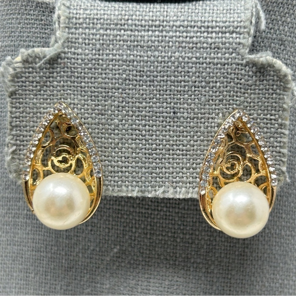 Gold Tone Swirl Faux Pearl Drop Stud Earrings with Rhinestones